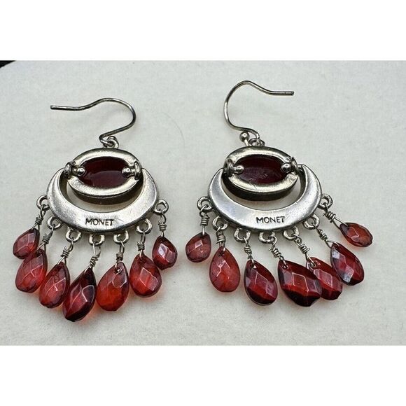 Vintage Monet Silver Tone Red Crystal Rhinestone Chandelier Dangle Drop Earrings - Picture 2 of 6